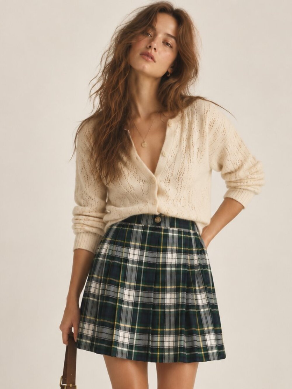 Vintage Interim Green Tartan Plaid Pleated Skirt Preppy 90s Dark Academia